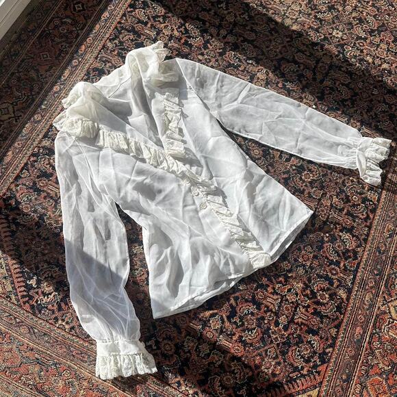 Oscar De La Renta Women's 8 Blouse White Semi Sheer Lace Ruffle Vintage - Picture 2 of 4